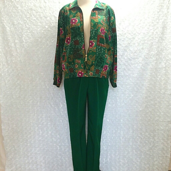 90s Petite Deep Green Floral Jacket Pantsuit - Picture 4 of 8